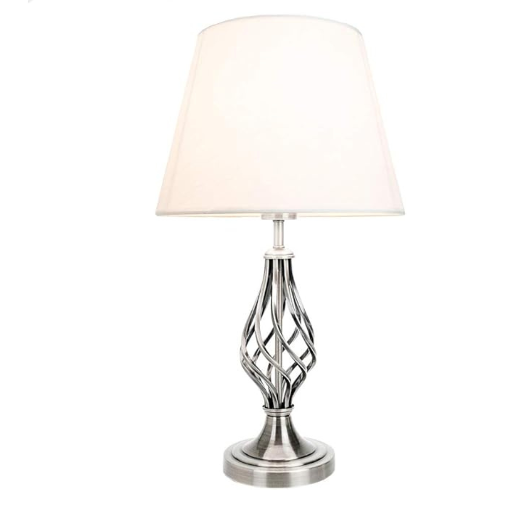 Traditional Table Lamp with Barley Twist Metal Base and Ivory White Linen Shade | 60w Maximum | Ideal for Bedside Lamps by Happy Homewares