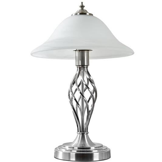 Traditional Style Satin Nickel Barley Twist Table Lamp with a Frosted Alabaster Shade