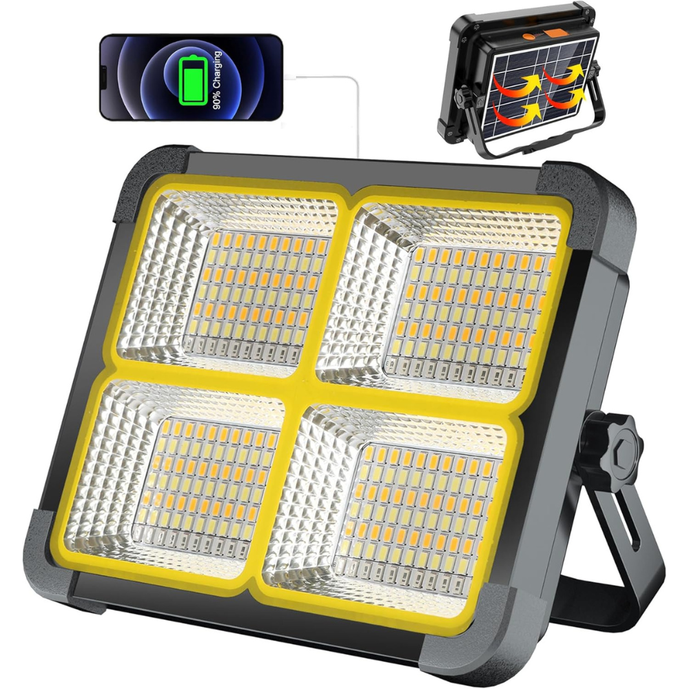 Rechargeable Work Light 100W, Work Lights Portable Rechargeable with Solar Panel/ 4 Lighting Modes/ 12000mAh/ Stepless Dimming, LED Rechargeable Flood Light for Camping Power Cuts