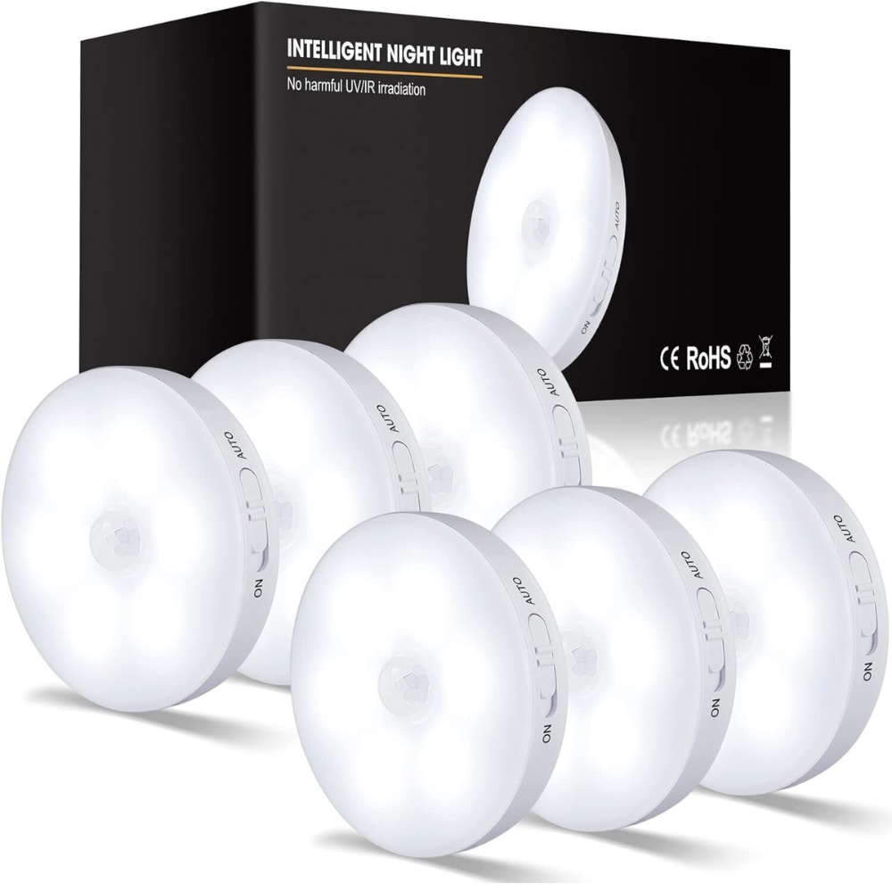 6 Pack Motion Sensor Lights Indoor, Wireless LED Rechargeable Movement Step Magnetic Night Light, Battery Operated USB Charging,Stair, Corridors,Closet,Kitchen Light Under Cabinets Puck Light