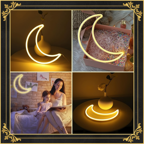 Collage of a moon-shaped LED night light in various settings.