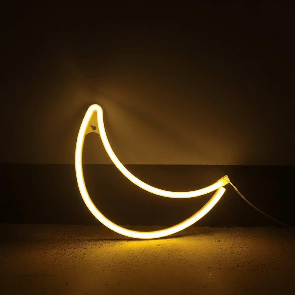 Neon light shaped like a banana on a dark background