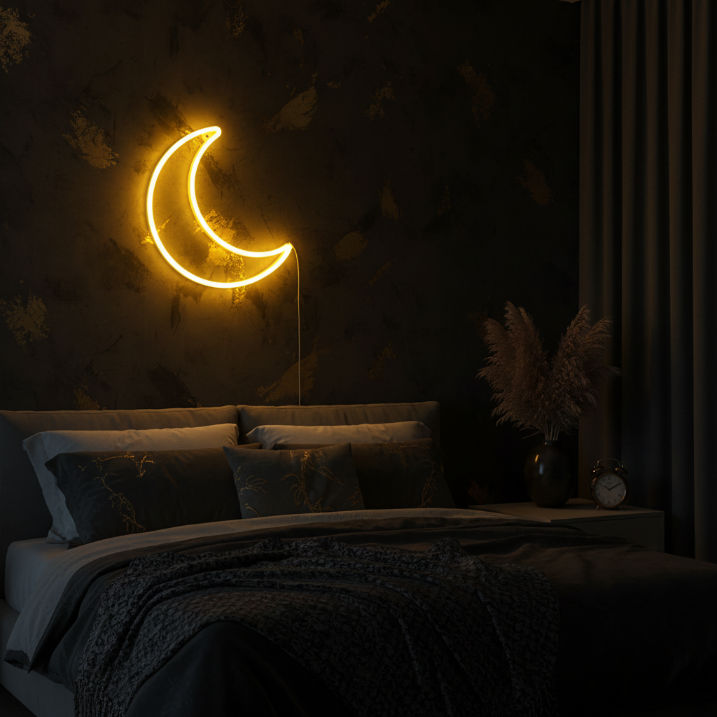 Neon moon light on a dark wall above a bed in a dimly lit room.