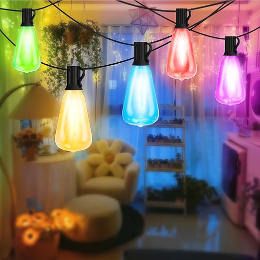 Multicolor LED string lights wrapped around a pergola structure.
