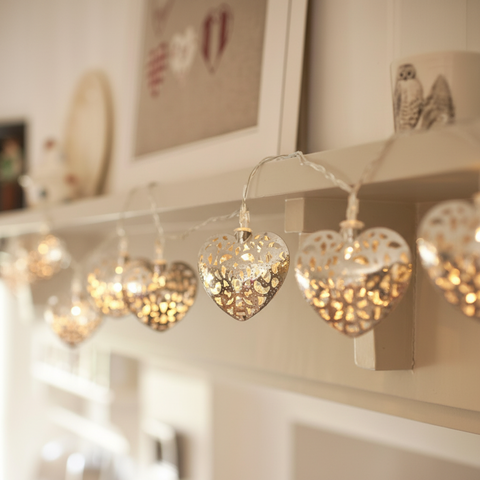 Warm White LED Silver Filigree Heart String Fairy Lights 2.85m Plug-In Indoor Decorative Lighting