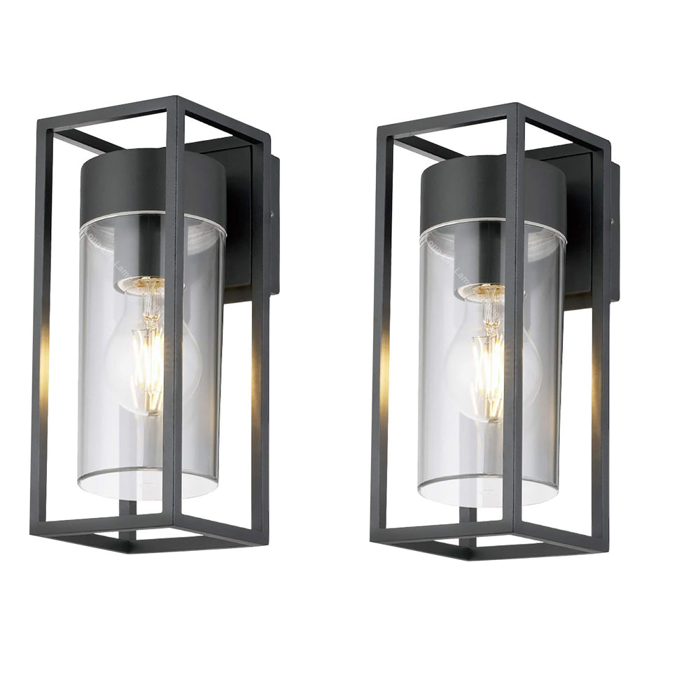 Outdoor Modern Wall Light Lantern Clear Diffuser LED, E27 Screw Bulb Supported, Black - thelights4u.com