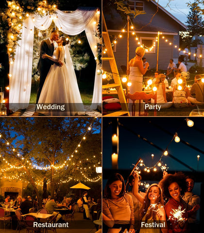 Outdoor festoon lights with G40 bulbs enhancing wedding venue atmosphere
