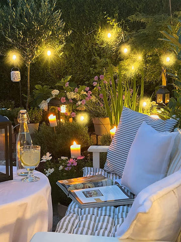 Outdoor string lights creating festive ambiance during backyard party
