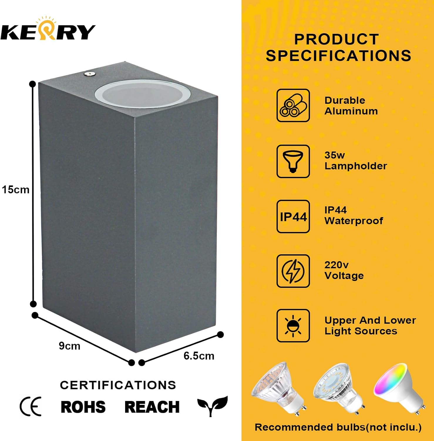  outdoor light fixture with specifications and certifications on a yellow background