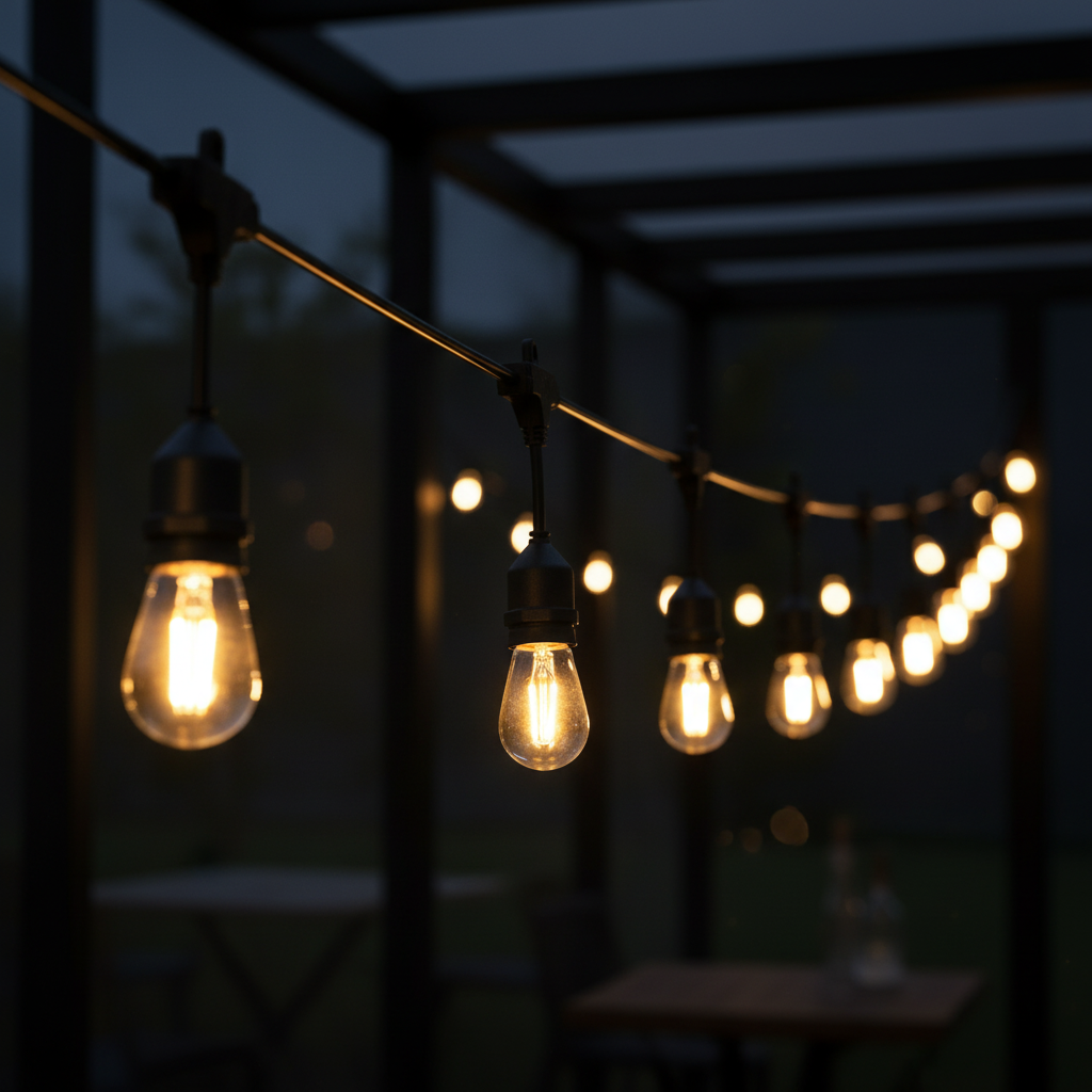 String of outdoor lights hanging against a dark background