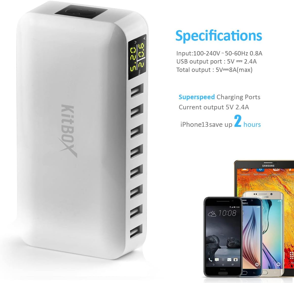  power adapter with multiple USB ports and smartphone charging capabilities on a white background