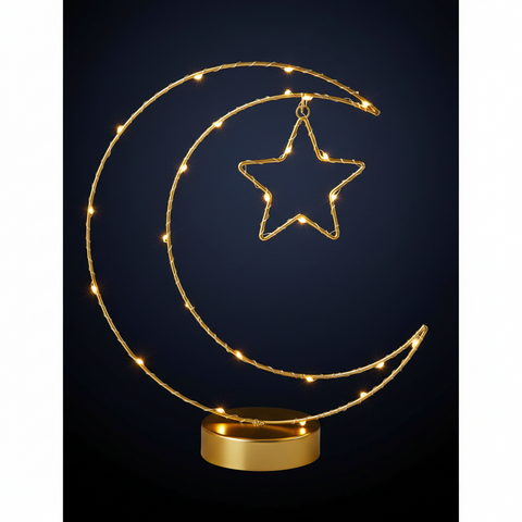 Gold Moon & Star Ramadan Table Light – 20 Warm White LED Battery Operated Decoration with Timer
