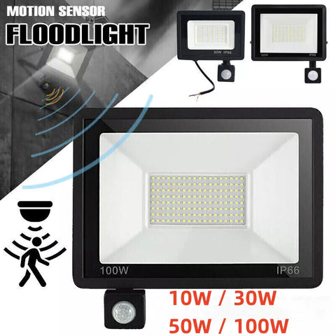 30W LED PIR Floodlight by Alpha Lights mounted on a garden wall

