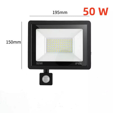 30W LED PIR Floodlight by Alpha Lights installed on a wall, providing security lighting

