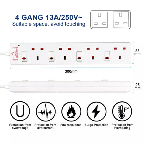 4/6 Way Gang 1m/2m/5M Cable Switched Surge Protect Extension Lead Plug Sockets