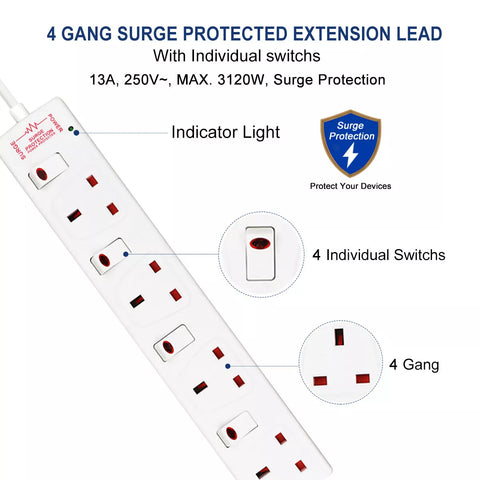 4/6 Way Gang 1m/2m/5M Cable Switched Surge Protect Extension Lead Plug Sockets