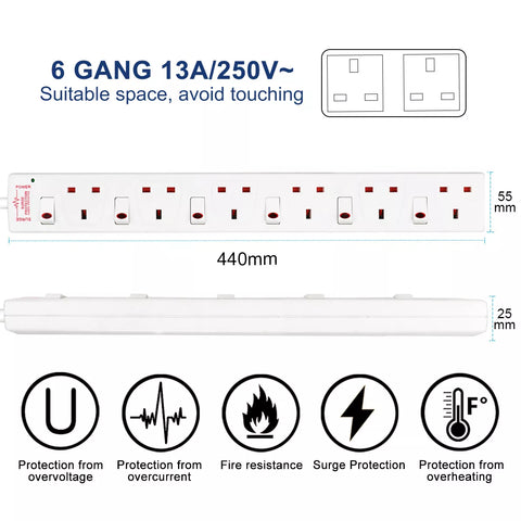 4/6 Way Gang 1m/2m/5M Cable Switched Surge Protect Extension Lead Plug Sockets