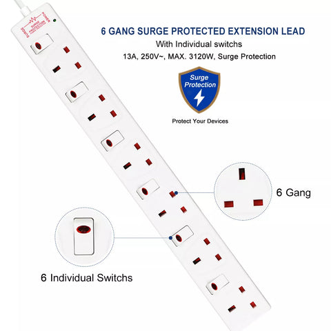 4/6 Way Gang 1m/2m/5M Cable Switched Surge Protect Extension Lead Plug Sockets