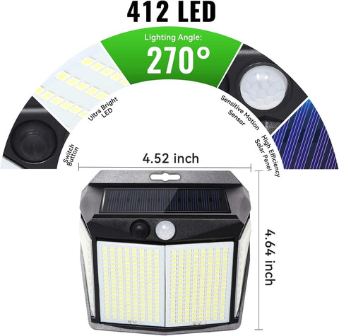 412 LED Black Solar Motion Sensor Wall Light Outdoor Security Lamp