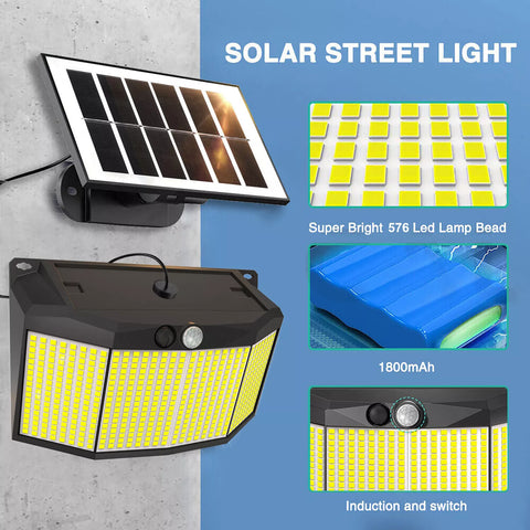 576 LED Solar Motion Sensor Wall Light Outdoor Waterproof 6500K – Black