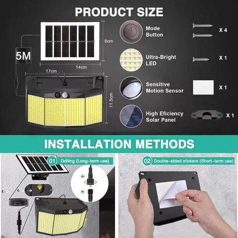 576 LED Solar Motion Sensor Wall Light Outdoor Waterproof 6500K – Black