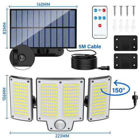3-Head Solar Motion Sensor Light Outdoor Waterproof LED Flood Lamp