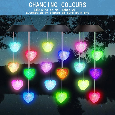 Solar Powered Heart LED Colour Changing Wind Chimes Outdoor Garden Decor