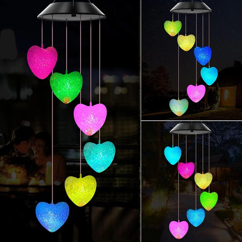 Solar Powered Heart LED Colour Changing Wind Chimes Outdoor Garden Decor
