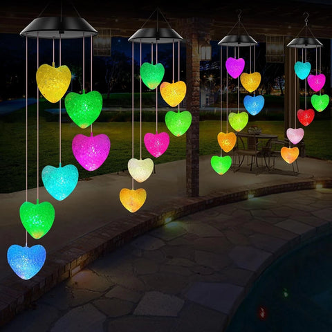 Solar Powered Heart LED Colour Changing Wind Chimes Outdoor Garden Decor