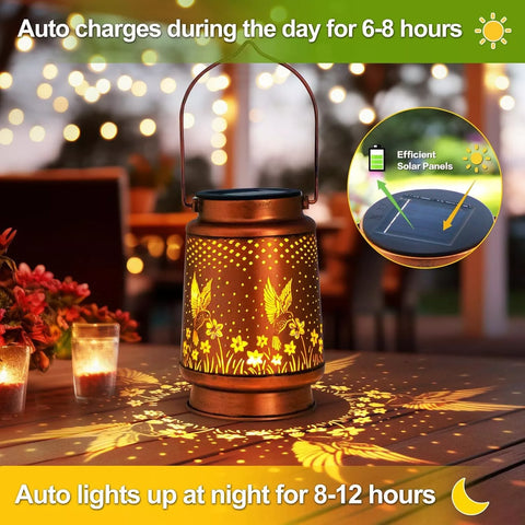 Hummingbird Brown Metal Solar Lantern LED Outdoor Hanging Light