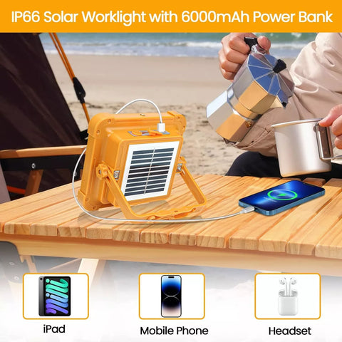 3000W Rechargeable LED Solar Work Light 10000LM Yellow Portable Floodlight