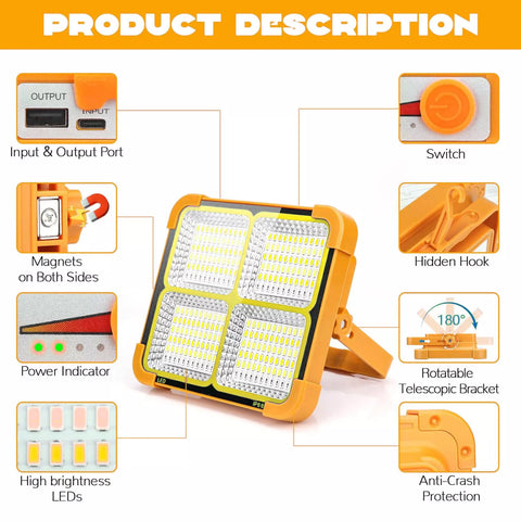 3000W Rechargeable LED Solar Work Light 10000LM Yellow Portable Floodlight
