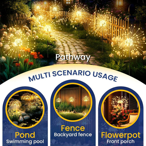 Solar Firework Garden Lights Starburst Stake Warm White Outdoor Decor