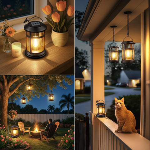 Solar Lantern Hanging Lights Black LED Outdoor Patio Garden Decor