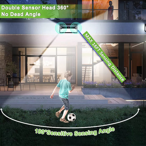 360 LED Solar Wall Light Black Dual Motion Sensor Outdoor Security Lamp