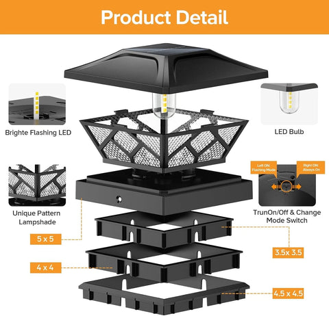 Solar Deck Post Cap Lights Black Flickering Flame LED Fence Lamps Outdoor