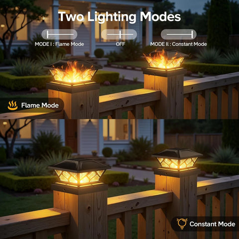 Solar Deck Post Cap Lights Black Flickering Flame LED Fence Lamps Outdoor