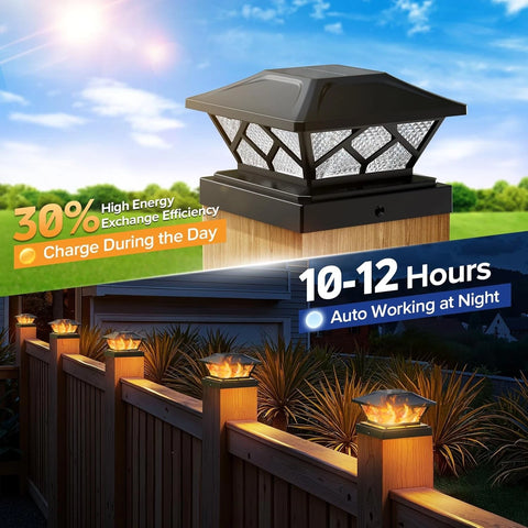 Solar Deck Post Cap Lights Black Flickering Flame LED Fence Lamps Outdoor