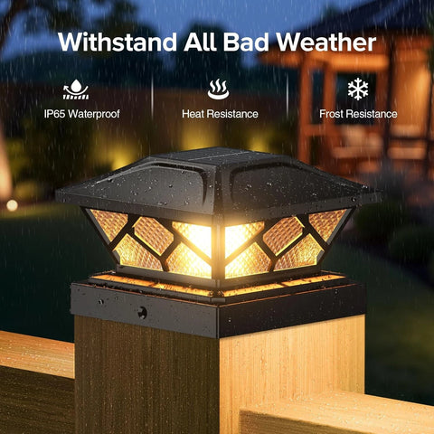 Solar Deck Post Cap Lights Black Flickering Flame LED Fence Lamps Outdoor