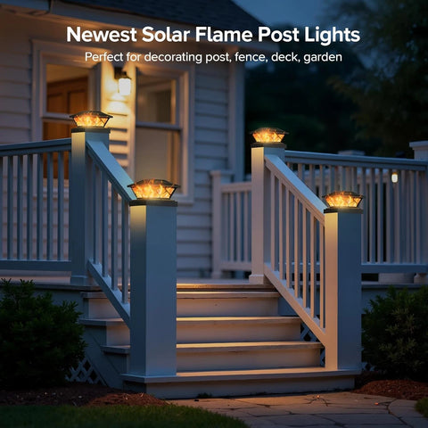 Solar Deck Post Cap Lights Black Flickering Flame LED Fence Lamps Outdoor