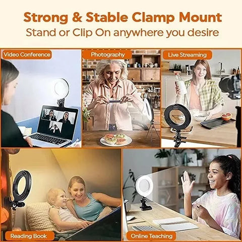 Adjustable ring light clipped onto a desk for a makeup tutorial.


