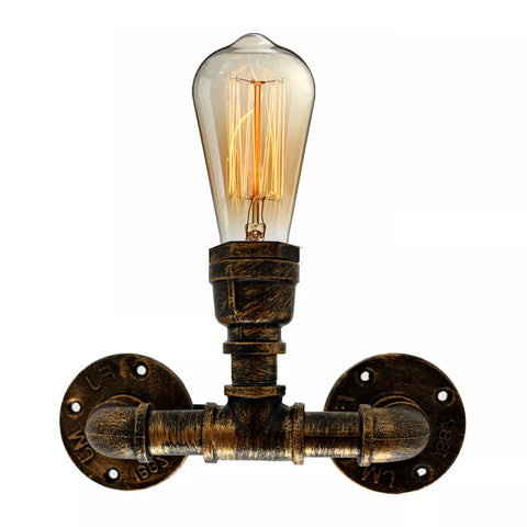 Vintage black metal water pipe lamp mounted in a living room with an urban loft design.