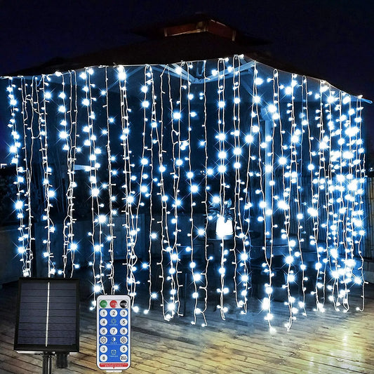 Outdoor Solar Curtain Fairy String Lights Hanging Gazebo Patio Window Garden