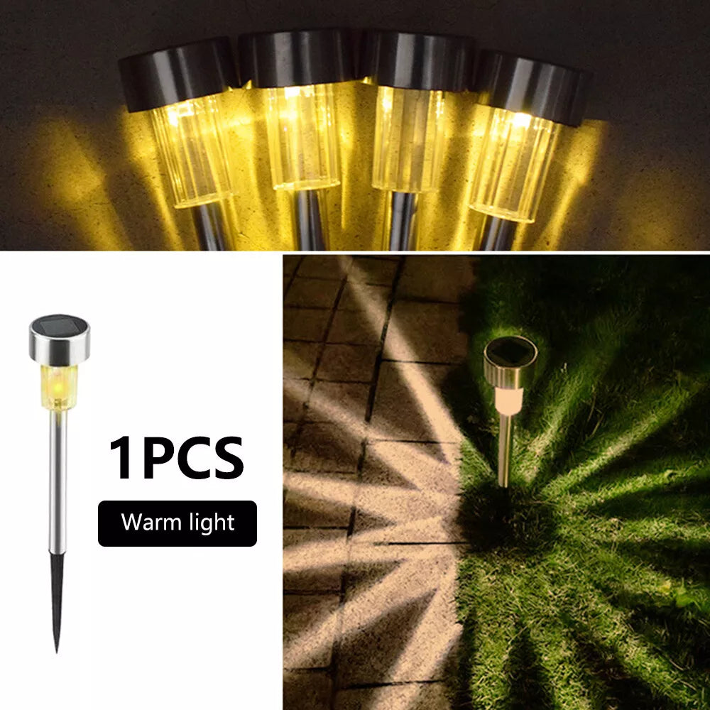 Waterproof solar stake lights lighting up an outdoor space during the evening

