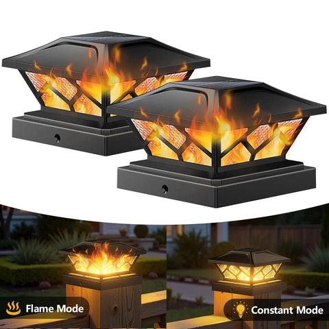 Solar Deck Post Cap Lights Black Flickering Flame LED Fence Lamps Outdoor