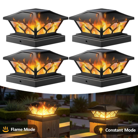 Solar Deck Post Cap Lights Black Flickering Flame LED Fence Lamps Outdoor