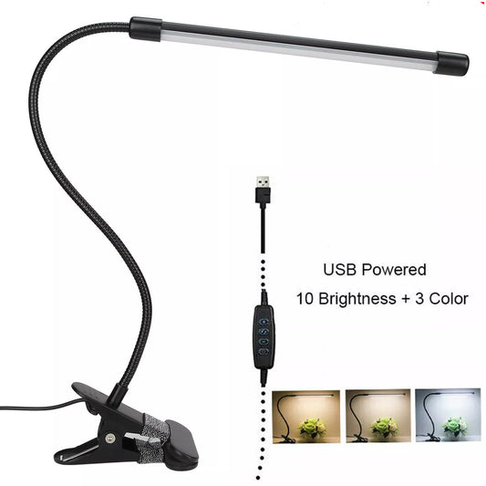 8W Reading Lamp Clip On Bed, UK Adapter Included, Flexible USB Desk Lamp with Cable, 3 Colour Changing & 10 Brightness, Bedside Reading Lamp, Clip Desk Light for Bedroom Office PC, Black