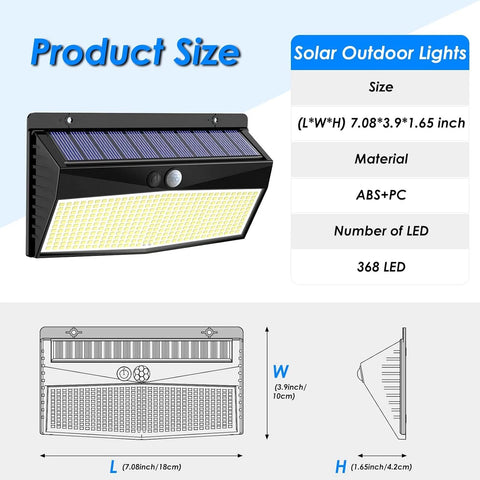368 LED Solar Motion Sensor Wall Light Outdoor Waterproof Garden Fence Lamp