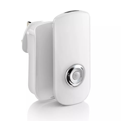 Close-up of the LED night light plugged into a wall socket

