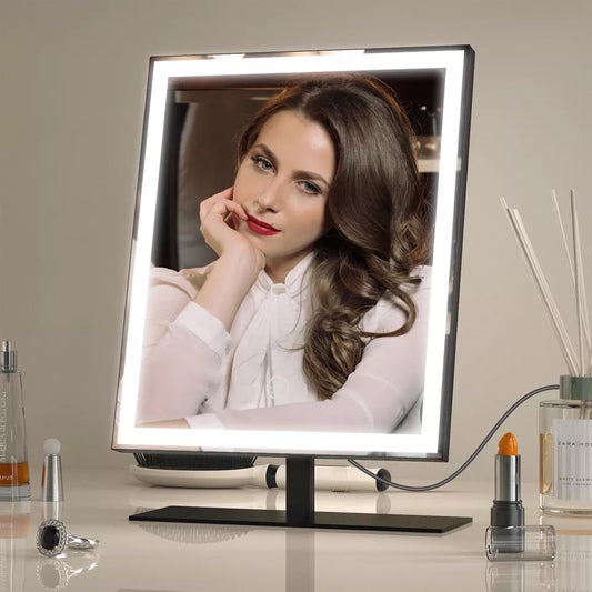 Black LED Makeup Mirror With Light In UK - 12 Inch Mirror, 3 Colors Dimmable, Touch Control, 120° Rotation, AC Adaptor, Mirror Light For Vanity, Dressing Table, Makeup